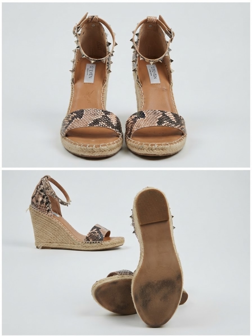 Steve Madden Tan Snake-Print Espadrille Wedge Sandals with Studded Ankle Strap